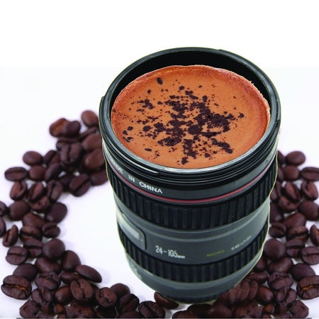 Camera Lens Shaped Coffee Mug Flask With Lid - LootFaat
