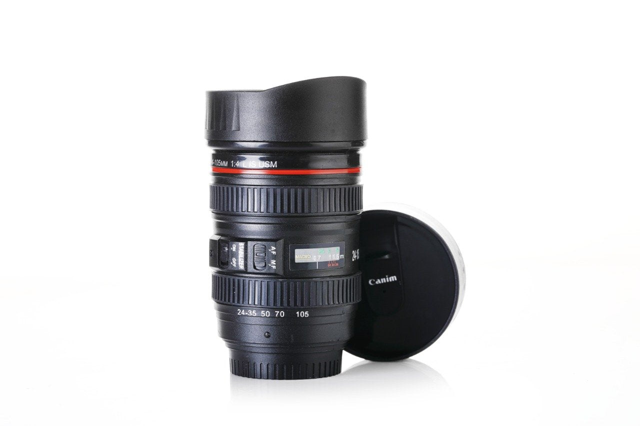 Camera Lens Shaped Coffee Mug Flask With Lid - LootFaat
