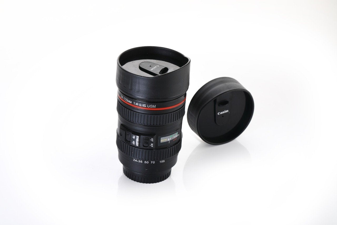 Camera Lens Shaped Coffee Mug Flask With Lid - LootFaat