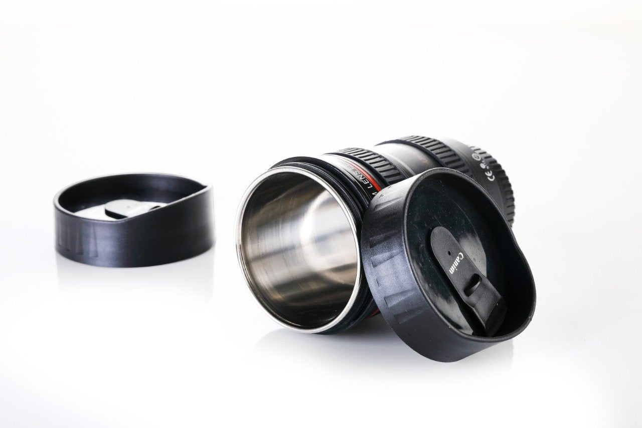 Camera Lens Shaped Coffee Mug Flask With Lid - LootFaat