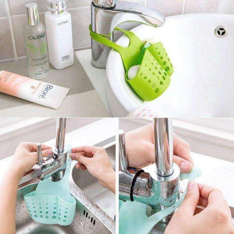 Adjustable Kitchen Bathroom Water Drainage Plastic Basketbag With Faucet Sink Caddy - LootFaat