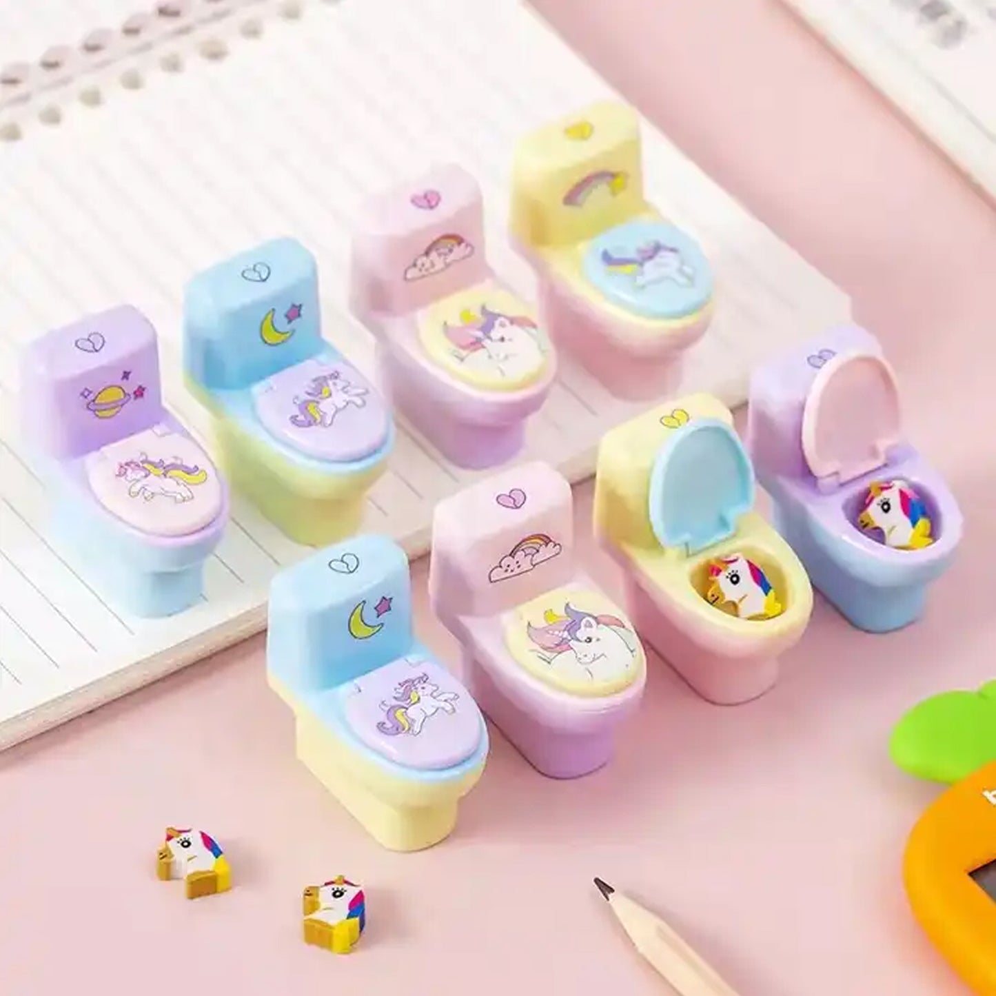 Toilet Pencil Sharpener Plastic Pencil Sharpener Novelty Pencil Sharpener Cute Cartoon Stationery Gift Small Toilet Shaped Sharpener With Eraser Wheel For School Kids (2 Pc Set) - LootFaat