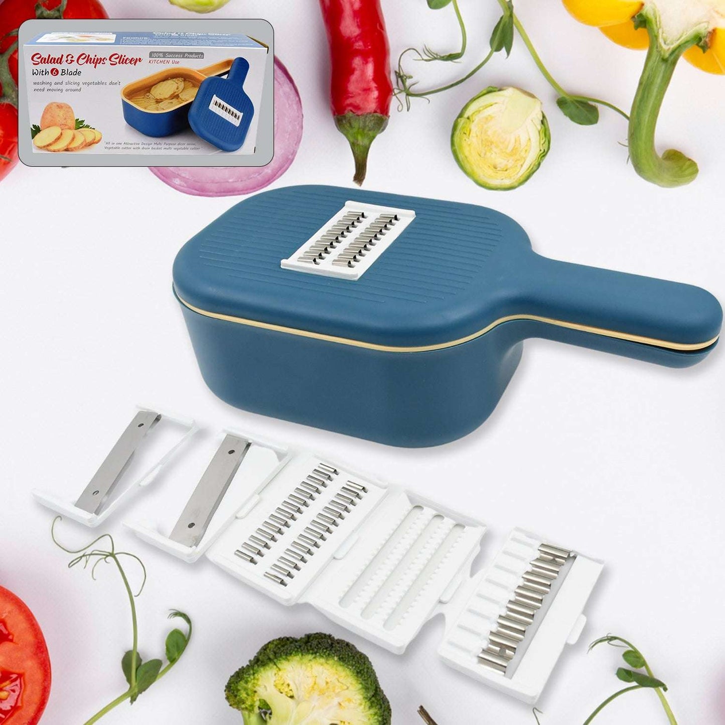 Vegetable Slicer Cutter - 6 Blades Kitchen Accessories Tools Appliances With Container Handle (1 Set) - LootFaat