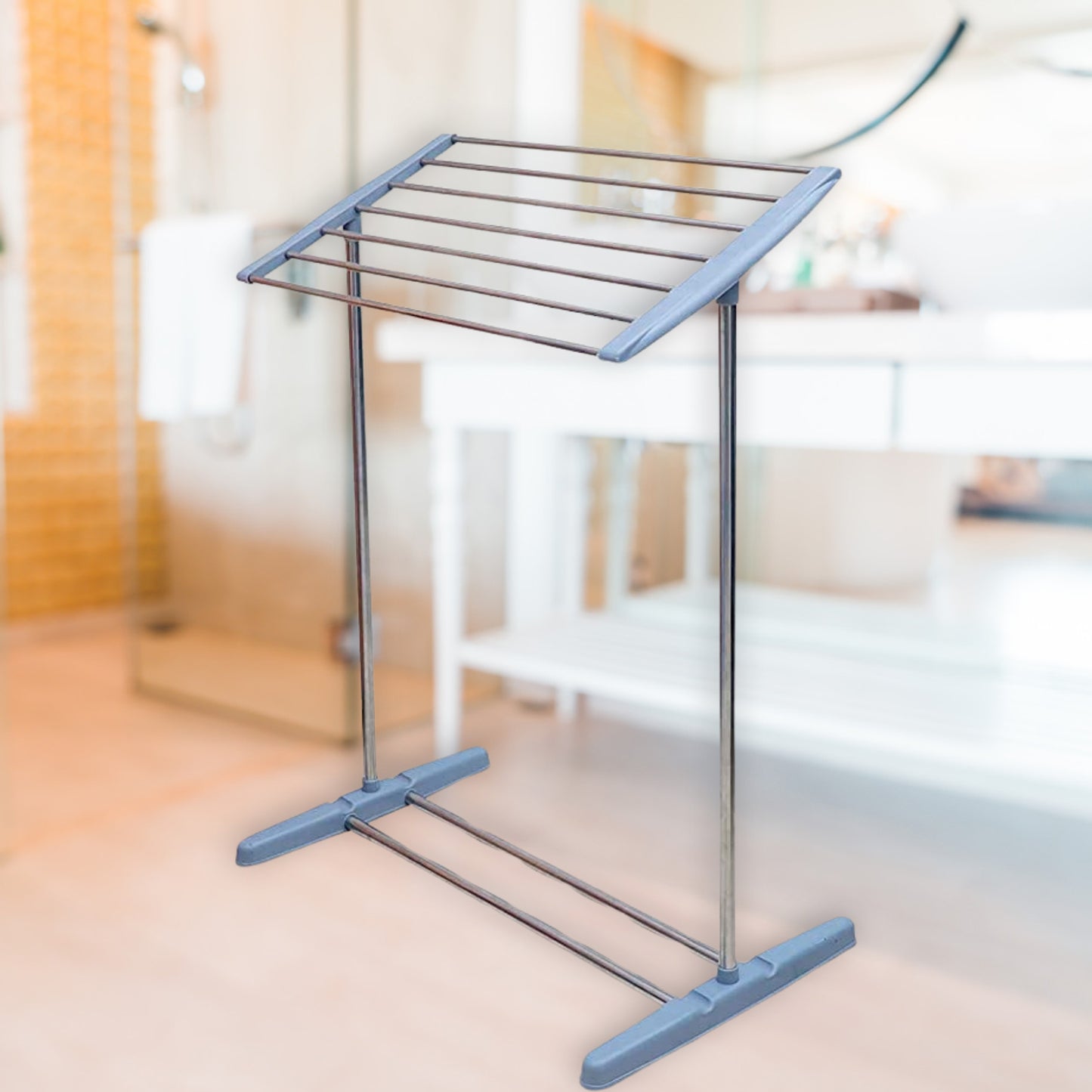 Multi-functional Single Tier Mobile Towel Foldable Rack For Cloth And Towel Stainless Steel And Plastic Made Mobile Towel And Cloth Rack Holder Indoor Outdoor Standing Movable Cloth Dryer Rack Balcony Cloth Drying Stand - LootFaat