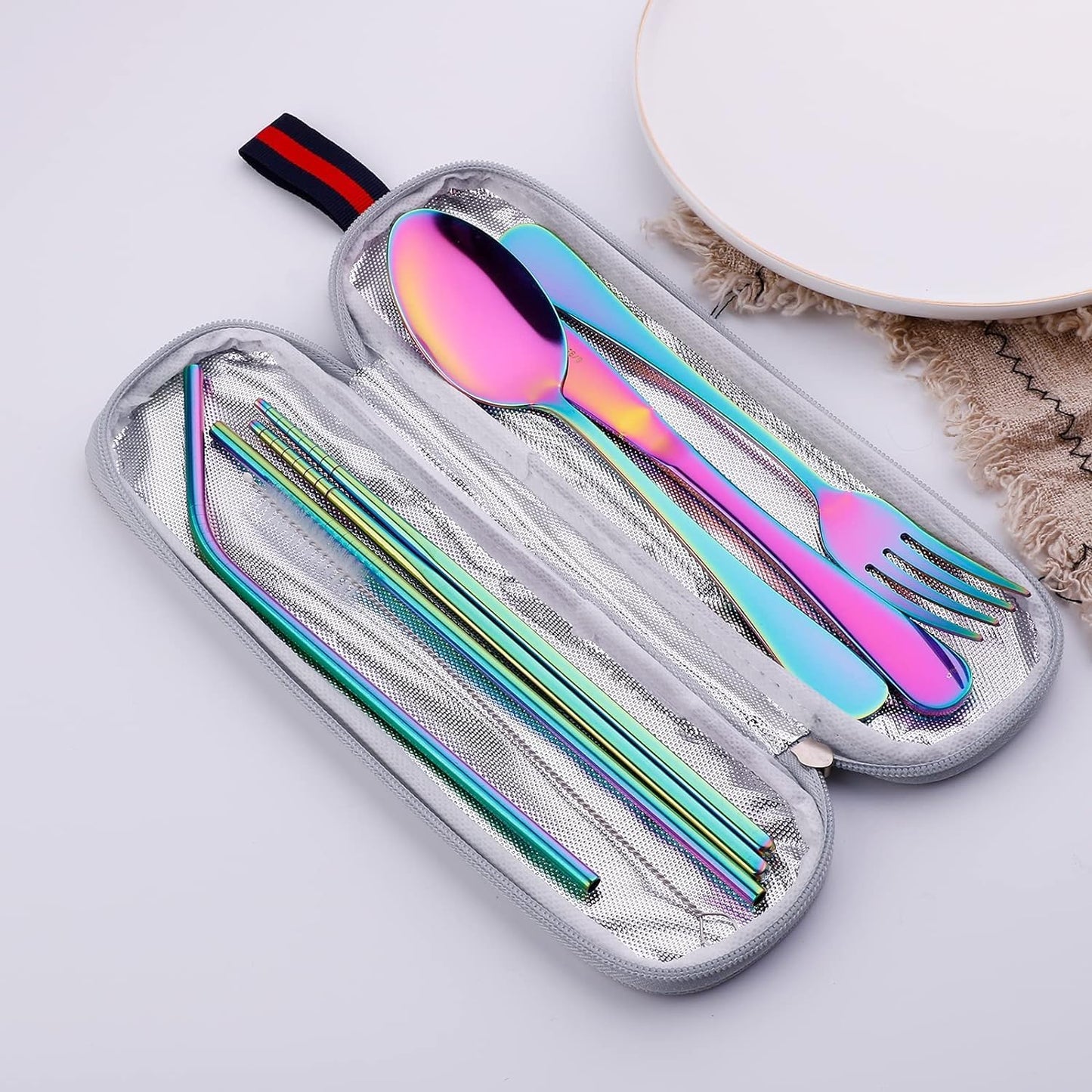 Portable Utensils Set,Reusable Travel Cutlery Set with Case Stainless Steel Flatware Set for Camping 8pcs Including Dinner Knife Fork Spoon Chopsticks Boba Straw (Rainbow)