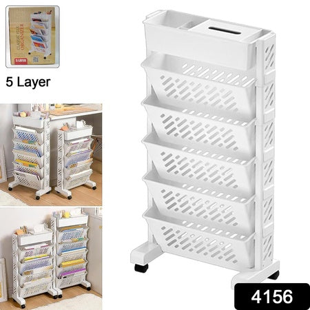 5-Tier Rolling Bookshelf Organizer - Rotatable Plastic Storage Rack