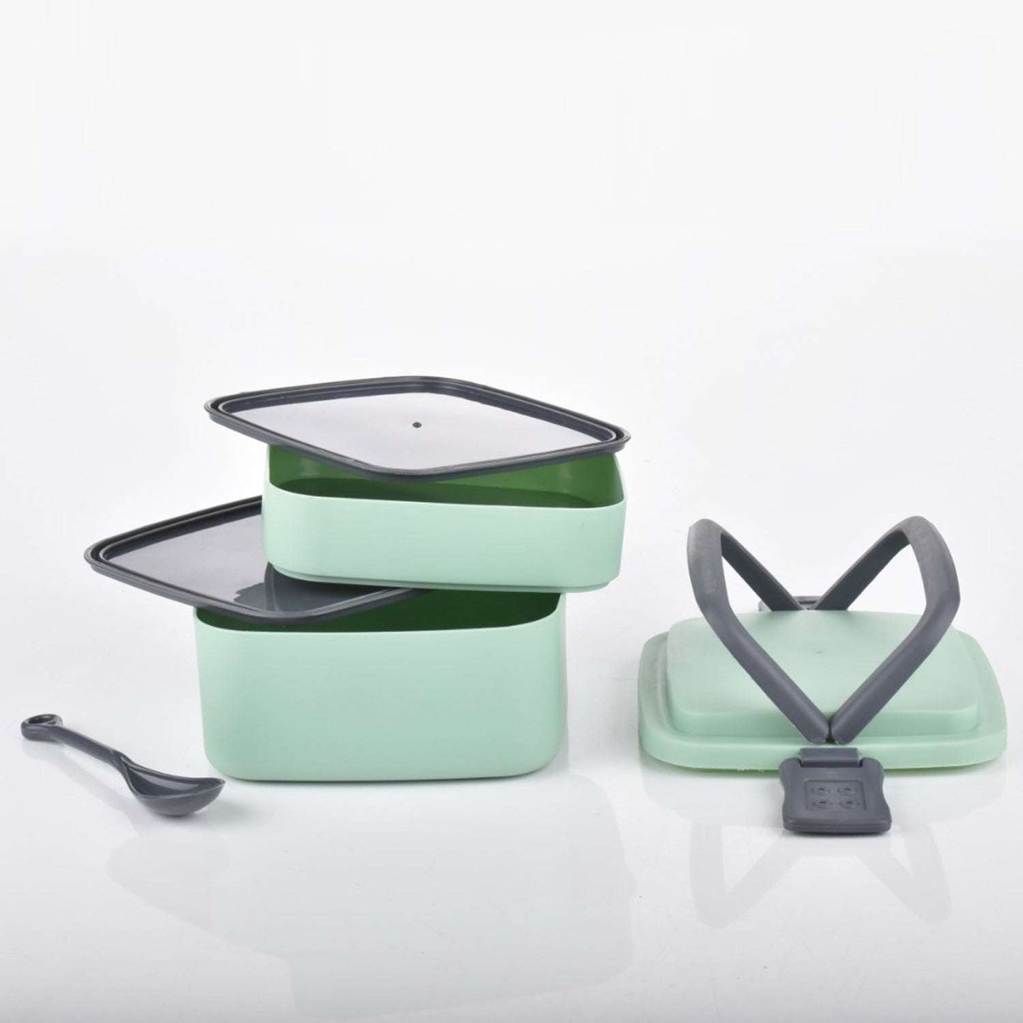 Green Double-layer Portable Lunch Box Stackable With Carrying Handle And Spoon Lunch Box - LootFaat