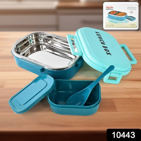 3 In 1 Spicy Bite Stainless Steel Lunch Box With Plastic Small Box Spoon (1 Set) - LootFaat