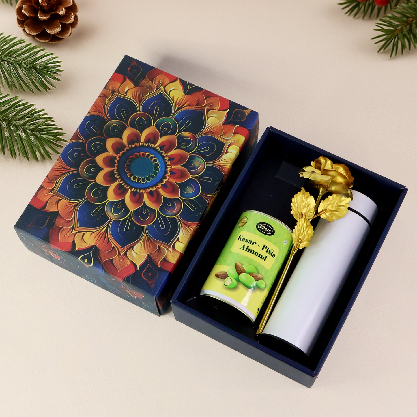 Kesar Pista Almonds Gift Set: Golden Rose & Bottle (3 Pcs)