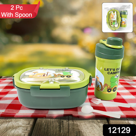 Plastic Lunch Box Leak Proof 3 Compartment With Bottle Spoon And Fork (1 Set) - LootFaat