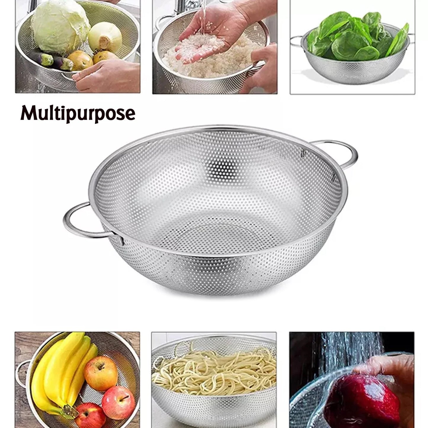 Stainless Steel Colander With Handle Large Metal Mesh Basket Strainer For Pasta Spaghetti Berry Veggies Fruits Kitchen Food Colander Dishwasher Safe (1 Pc 25.5 Cm) - LootFaat