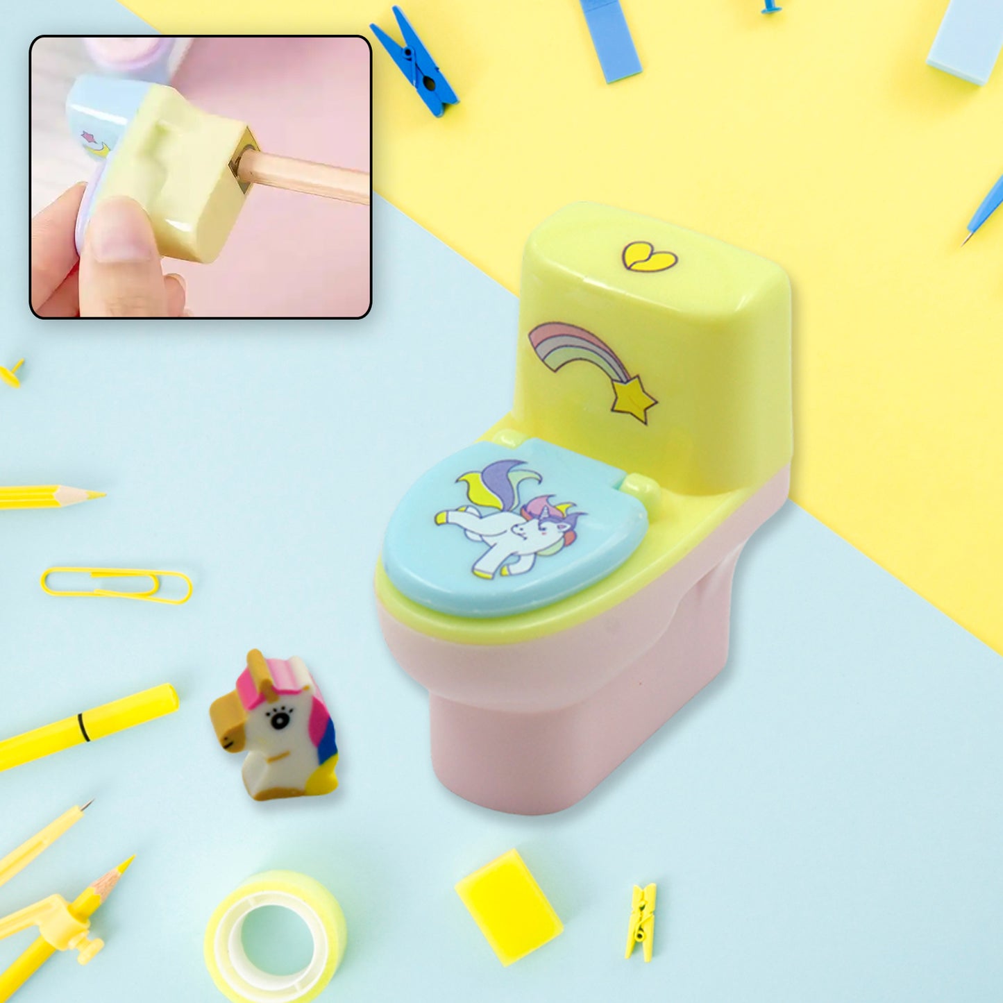 Toilet Pencil Sharpener Plastic Pencil Sharpener Novelty Pencil Sharpener Cute Cartoon Stationery Gift Small Toilet Shaped Sharpener With Eraser Wheel For School Kids (2 Pc Set) - LootFaat