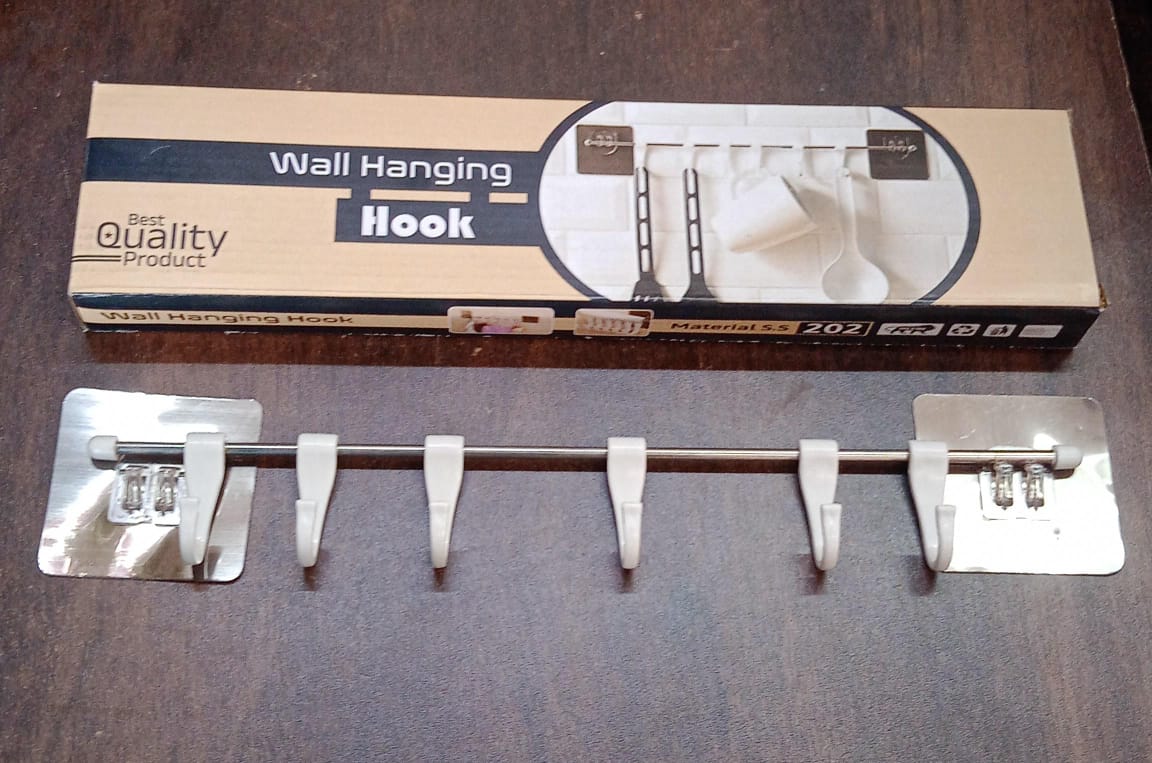 Stainless Steel Utensil Hanger Rail Nail Free Wall Mount With 2 Magic Stickers 6 Plastic Hooks For Kitchen - LootFaat