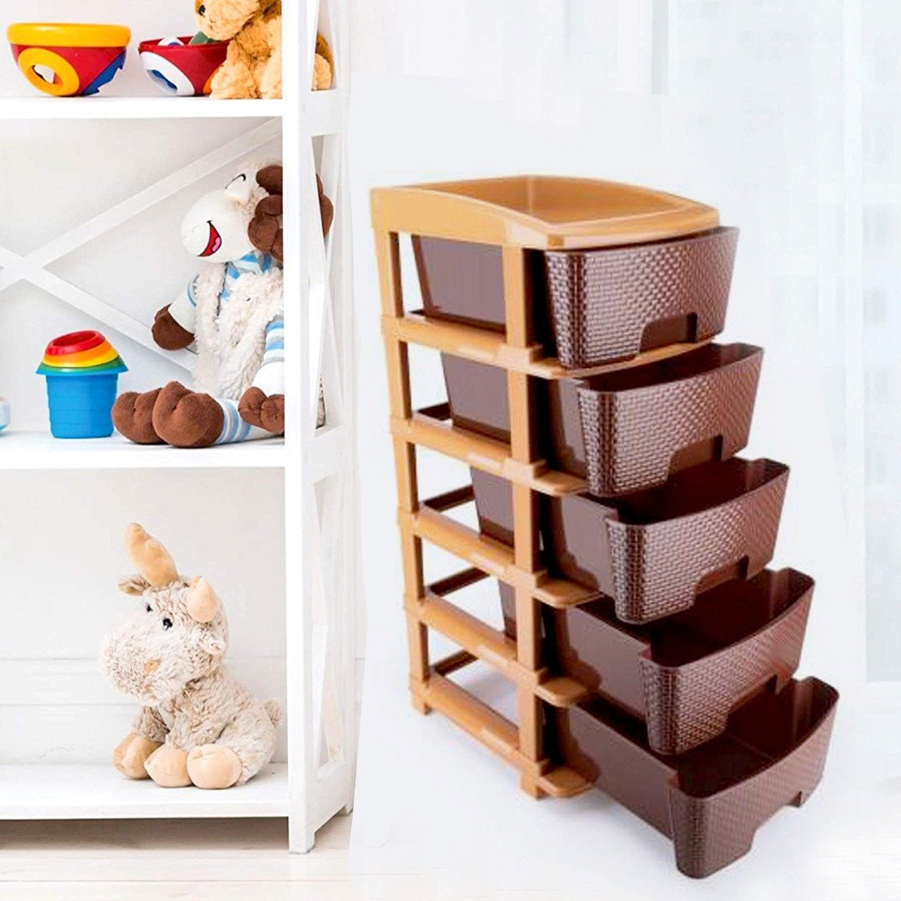 5tier Plastic Modular Drawer System For Multiple Use (Brown Colour) - LootFaat