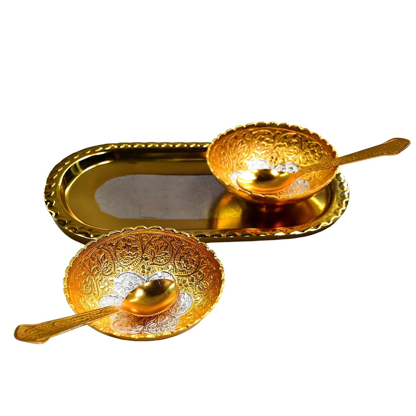 Gold Silver Plated 2 Bowl 2 Spoon Tray Set Brass With Red Velvet Gift Box Serving Dry Fruits Desserts Gift - LootFaat