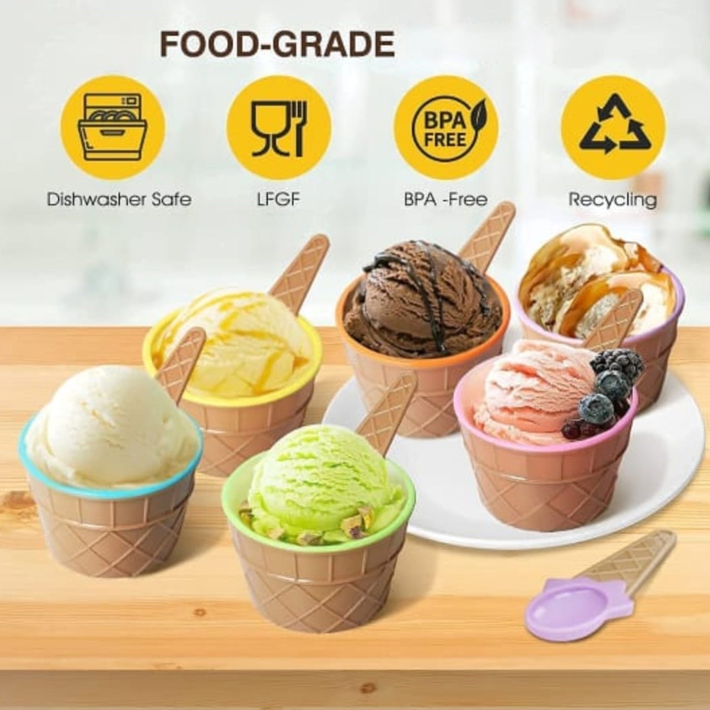 Ice-cream Waffle Spoon Bowel Cup Set Premium Ice Cream Set Ice-cream Bowel With Spoon 6 Units Couple Bowl Set Color Box - LootFaat