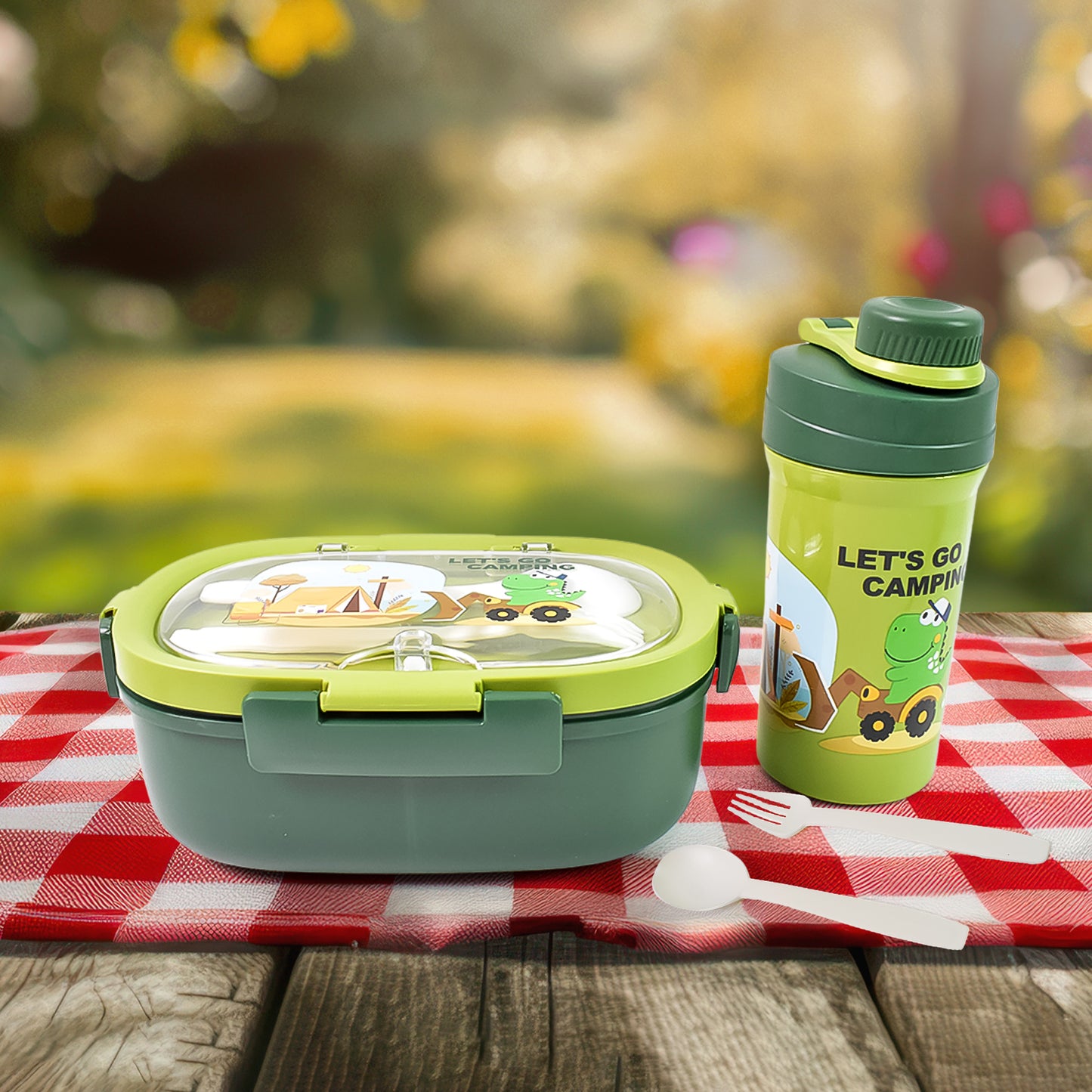 Plastic Lunch Box Leak Proof 3 Compartment With Bottle Spoon And Fork (1 Set) - LootFaat