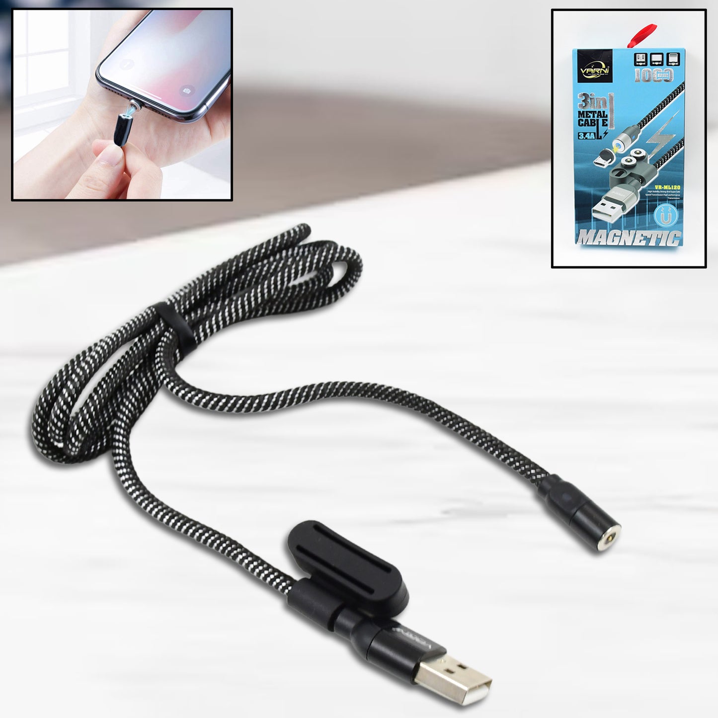 3 In 1 Magnetic Usb Charging Cable Usb-c Android And Lightning With Extra Protecting Nylon Strong Magnetic Cable With Full Rotation Support Fast Charging - LootFaat