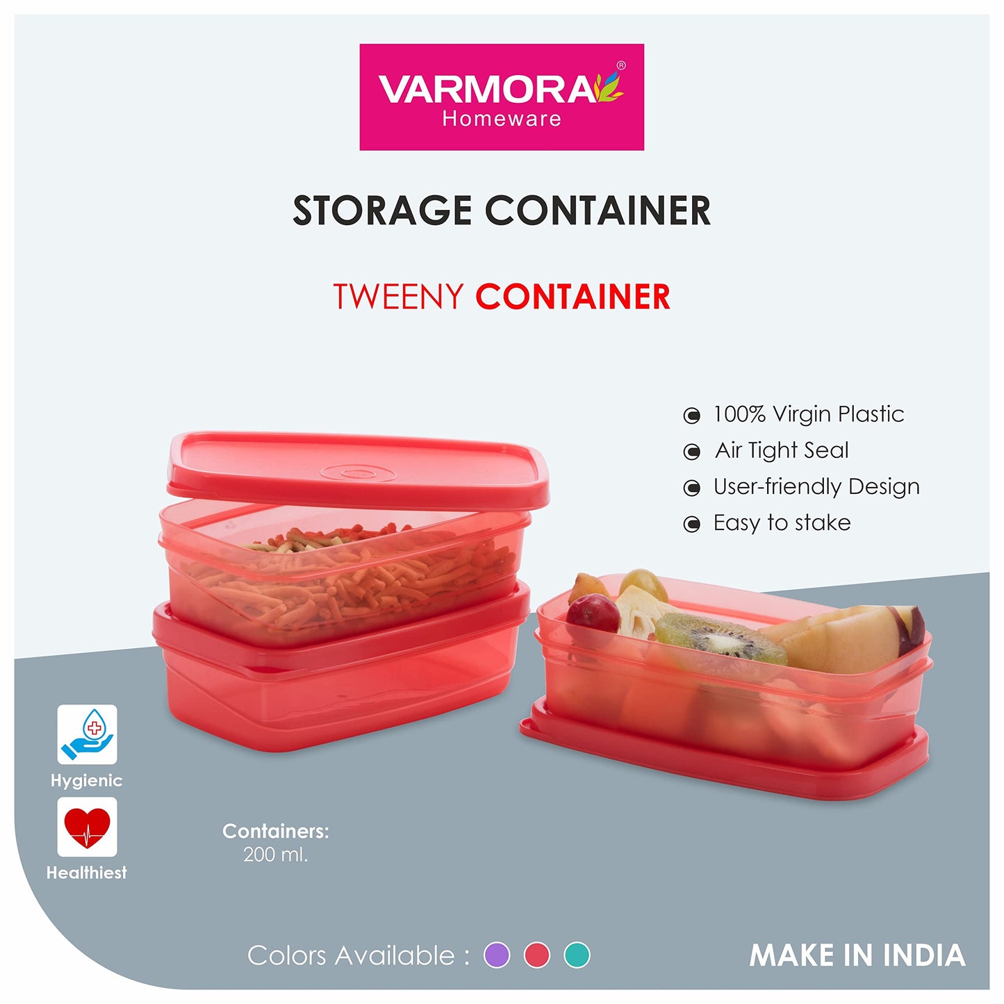 Varmora Tweeny Container Assorted | Set of 2 | FDA Approved | BPA-Free | Compact Snack Storage Solution | 200 ML