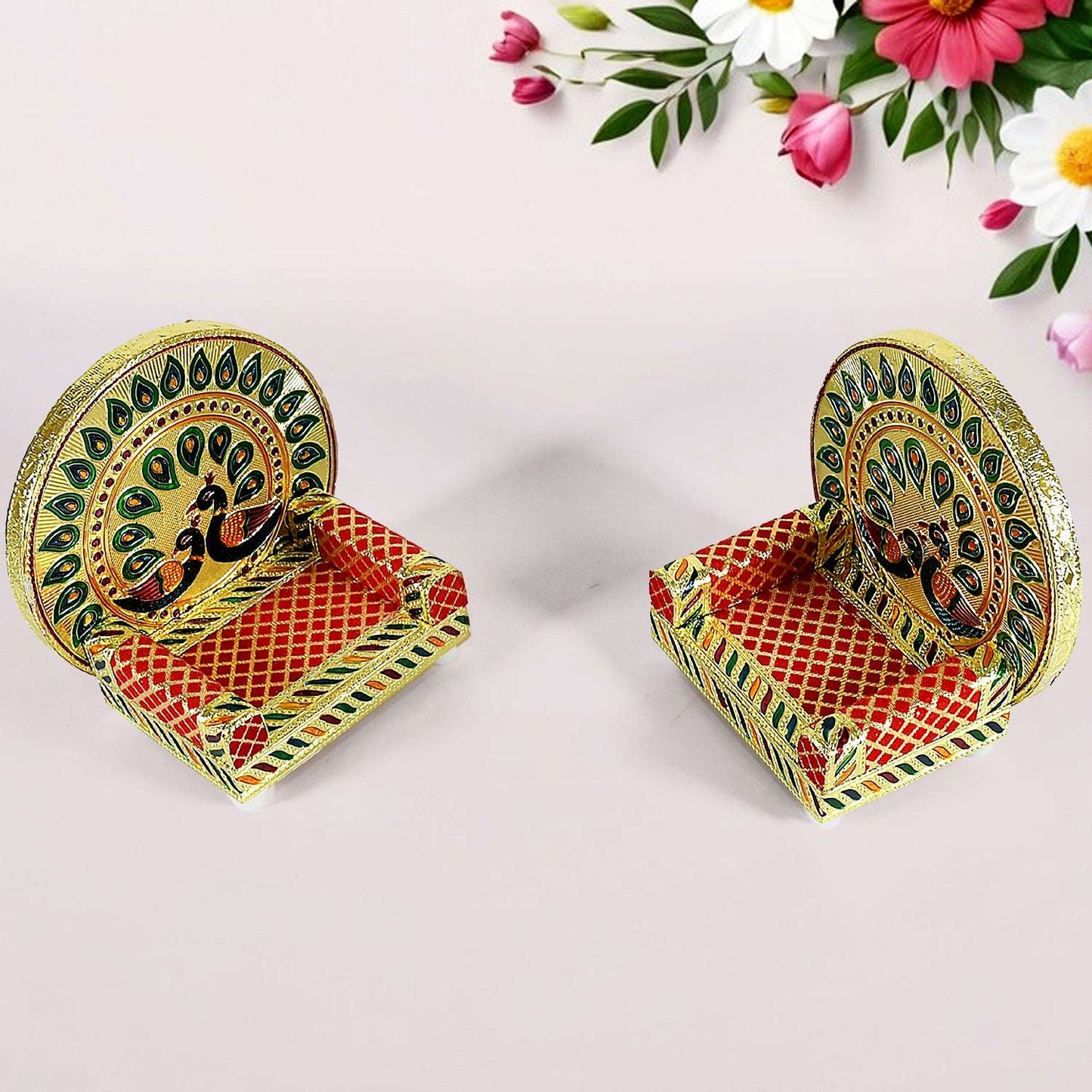 Meenakari Work Laddu Gopal Singhasan For Pooja Mandir Wooden Krishna Ladoo Bal Gopal Sofa Asan Home Decorative Premium Look Decorative Singhasan Suitable For Home Office Restaurant (2 Pc Set) - LootFaat