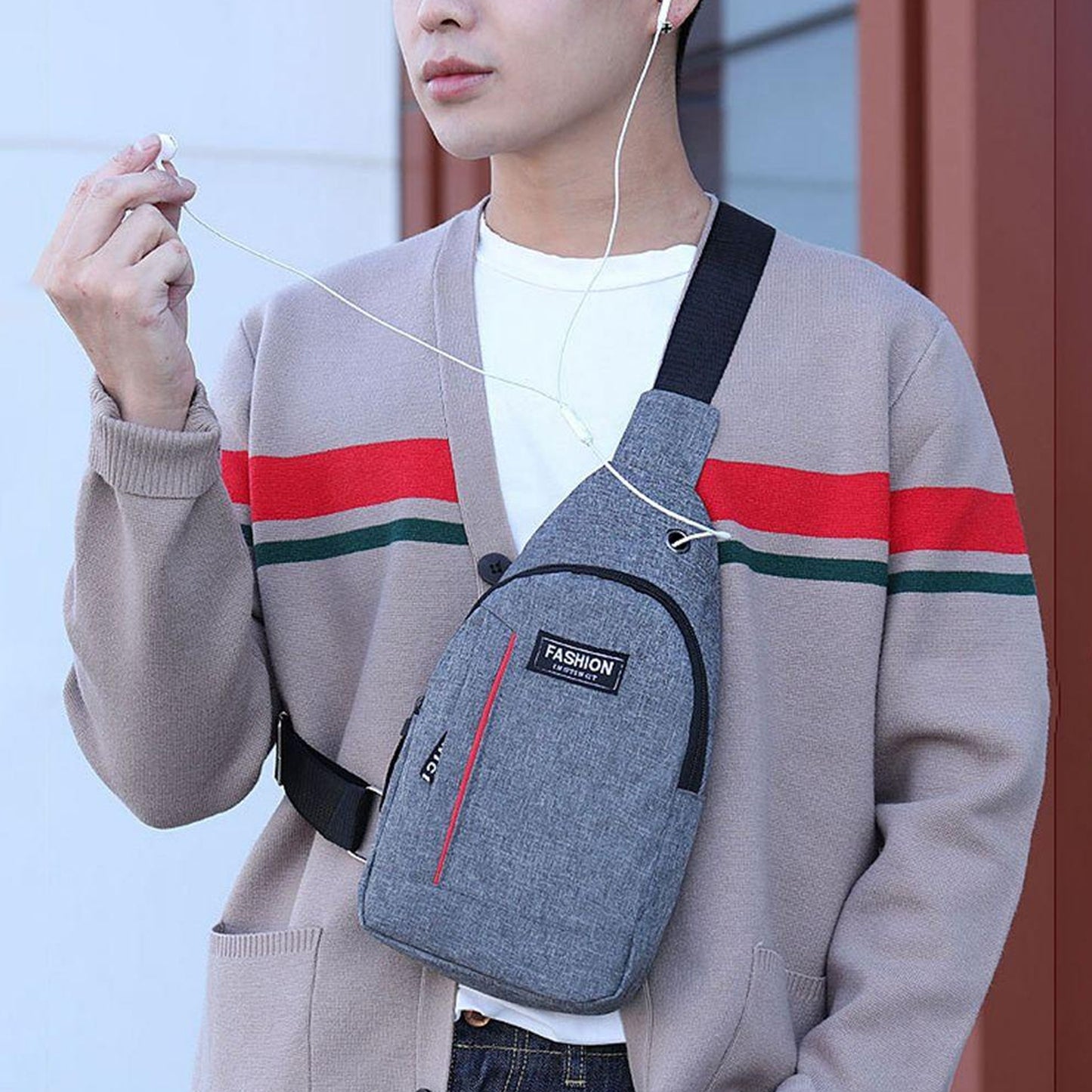 Grey Waterproof Anti Theft Crossbody Fanny Pack Waist Bag Pu Leather Shoulder Bags Chest Men Casual Fashion Usb Charging Earphone Hook Sling Travel Messengers Bag - LootFaat