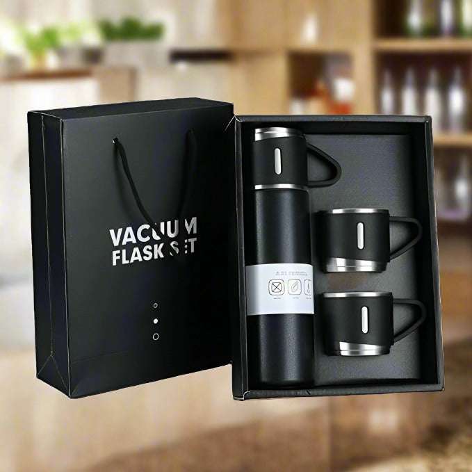 Stainless Steel Vacuum Flask Set With 3 Steel Cups Combo For Coffee Hot Drink And Cold Water Flask Ideal Gifting Travel Friendly Latest Flask Bottle. (500ml) - LootFaat
