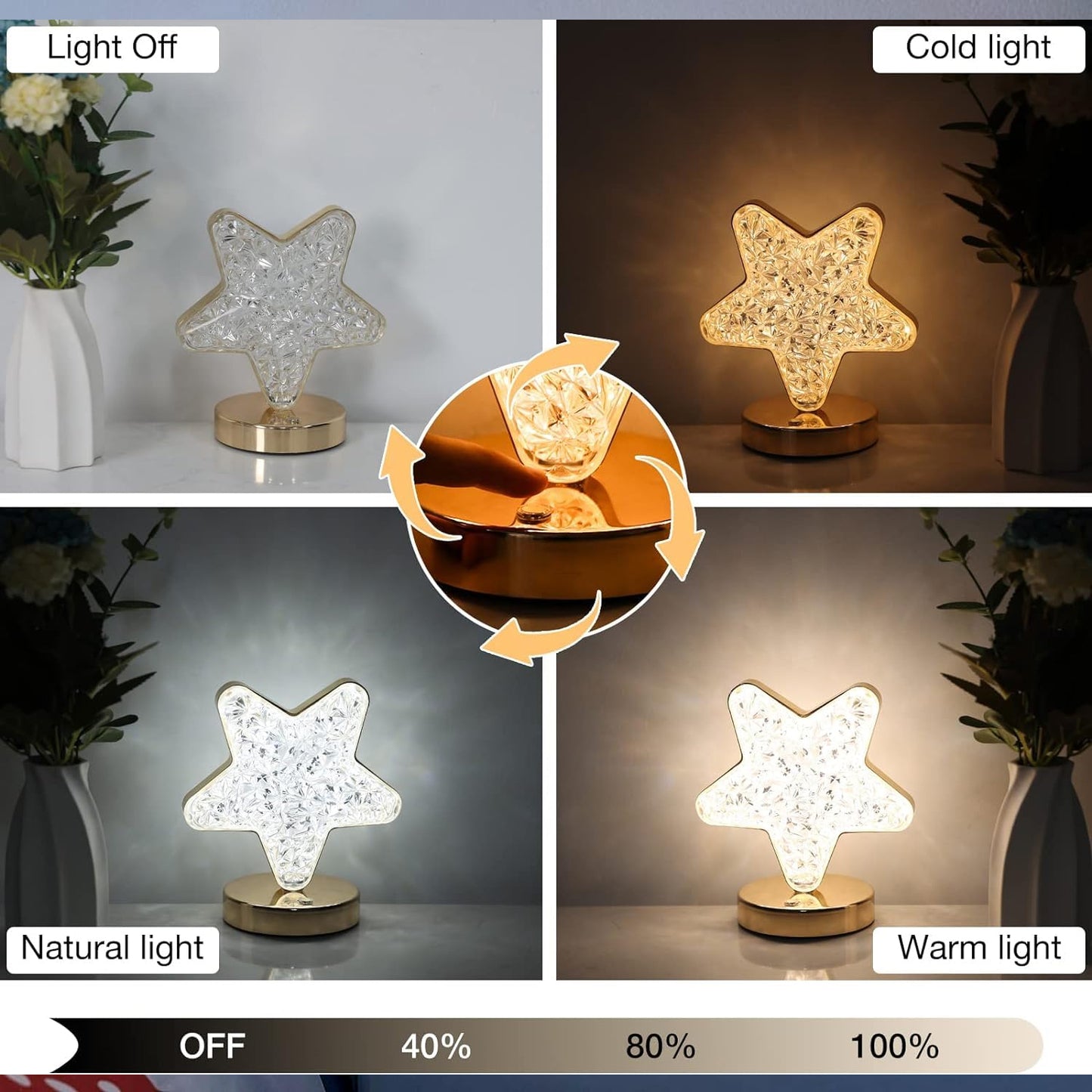 Star Shape Crystal Diamond Lamp Cordless Luxury Lamp With Usb Rechargeable 3-way Dimmable Touch Control Decorative Nightstand Lamp For Bedroom Living Room Party Restaurant Decor (1 Pc ) - LootFaat