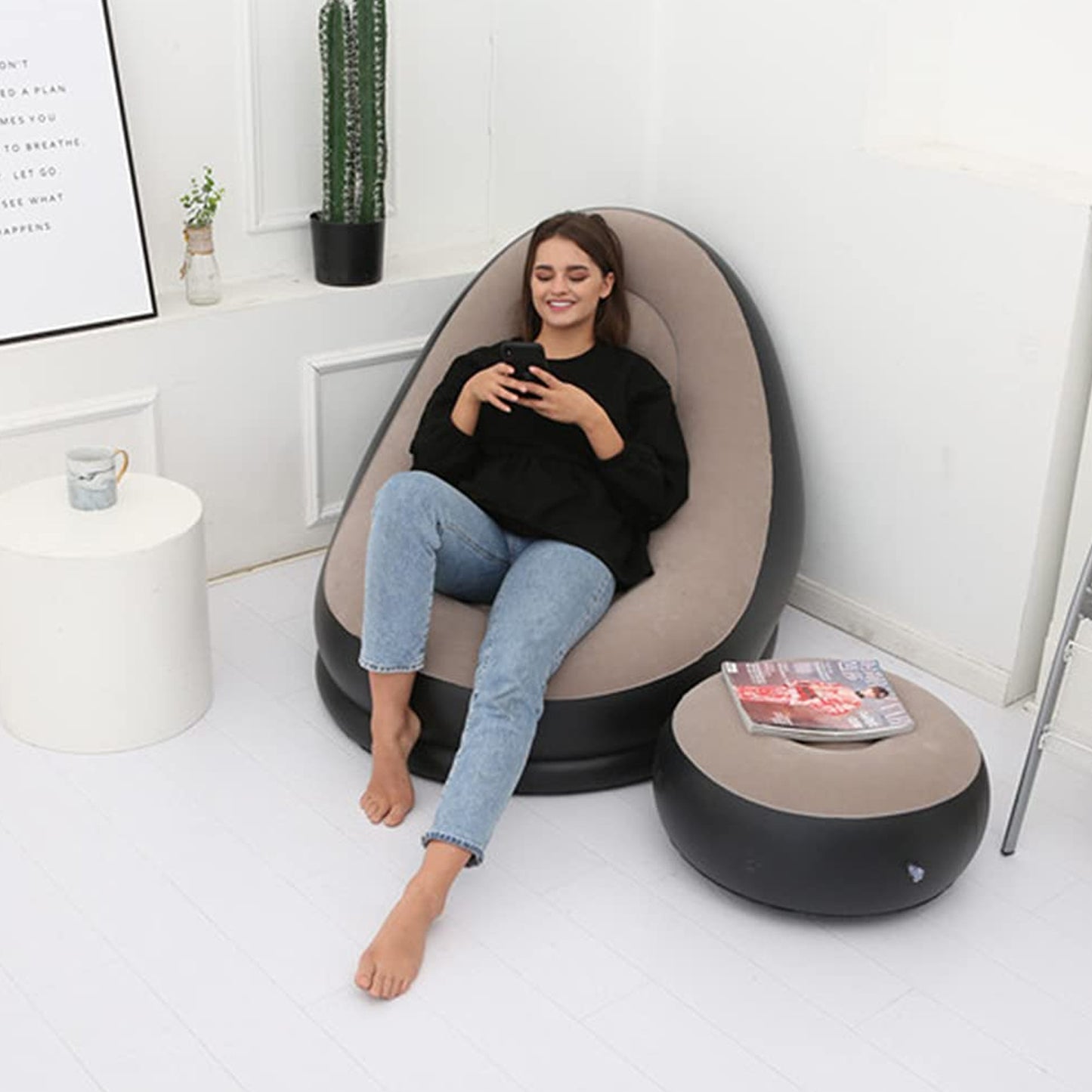 Inflatable Sofa Lounge Chair Ottoman Blow Up Chaise Lounge Air Sofa Indoor Flocking Leisure Couch For Home Office Rest Inflated Recliners Portable Deck Chair For Outdoor Travel Camping Picnic. - LootFaat