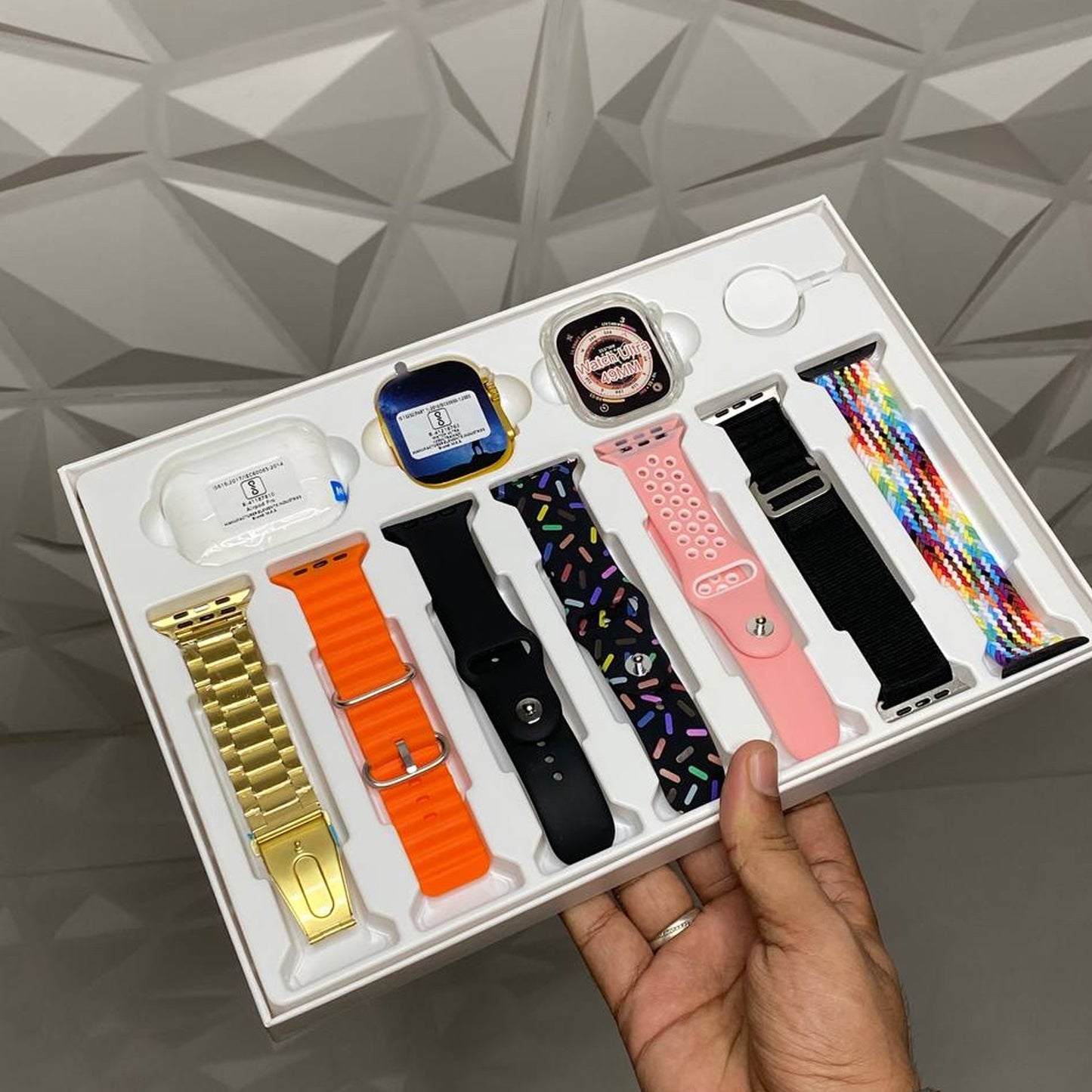 10 In1 Set Ultra Smart Bluetooth Calling Smartwatch + Earphones With Transparent Screen Guard Watch With Seven Classic Straps (Mix Color) - LootFaat