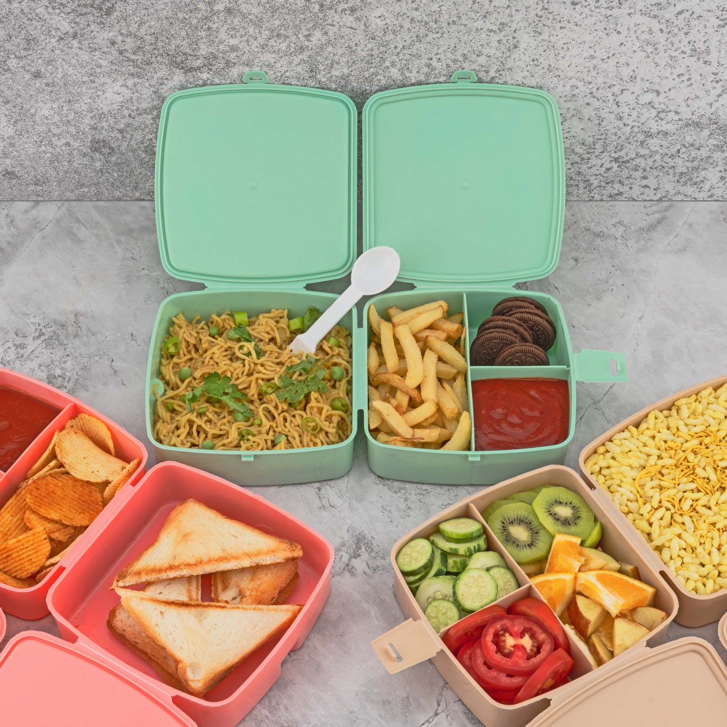 Double-layer Square Lunch Box With Spoon 4 Compartment Tiffin Push Lock Plastic Tiffin Box For Travelling School Kids Office Exclusive Home - LootFaat
