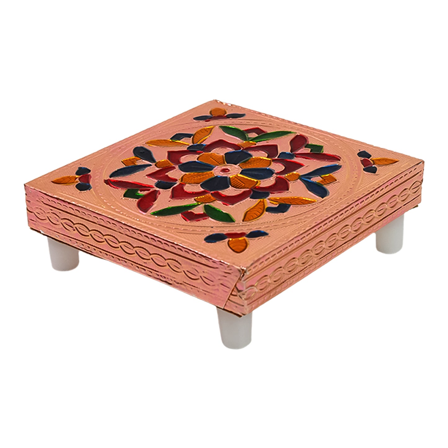 Handicraft Meenakari Wooden Chowki Puja Bajot For Home Office Decor For Puja Multicolour (1 Pc Set) - LootFaat