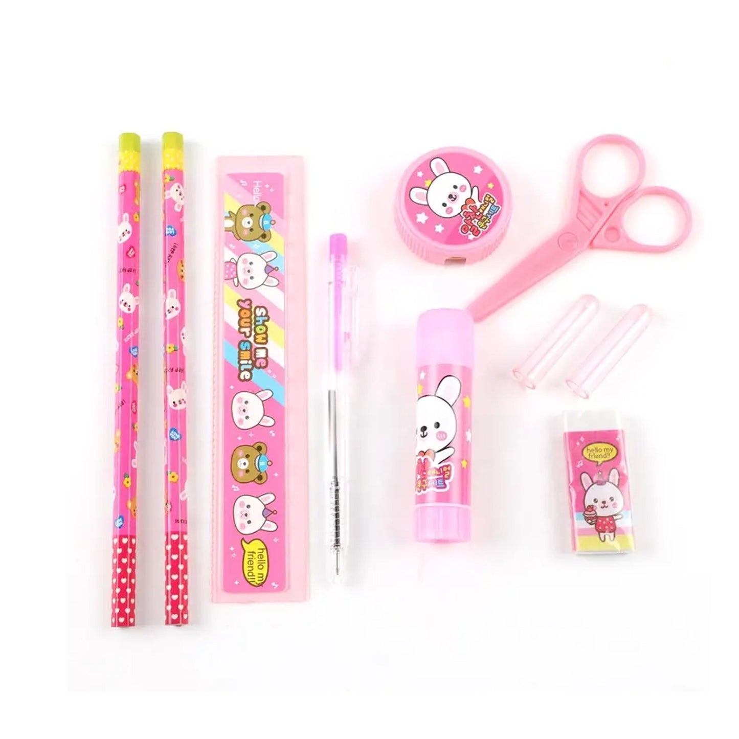 10 Pcs Set Stationary Set Including Pencil Ruler Rubber Pencil Sharpener Glue Ballpoint Pen Scissors Pencil Cover School Office Product Gift - LootFaat