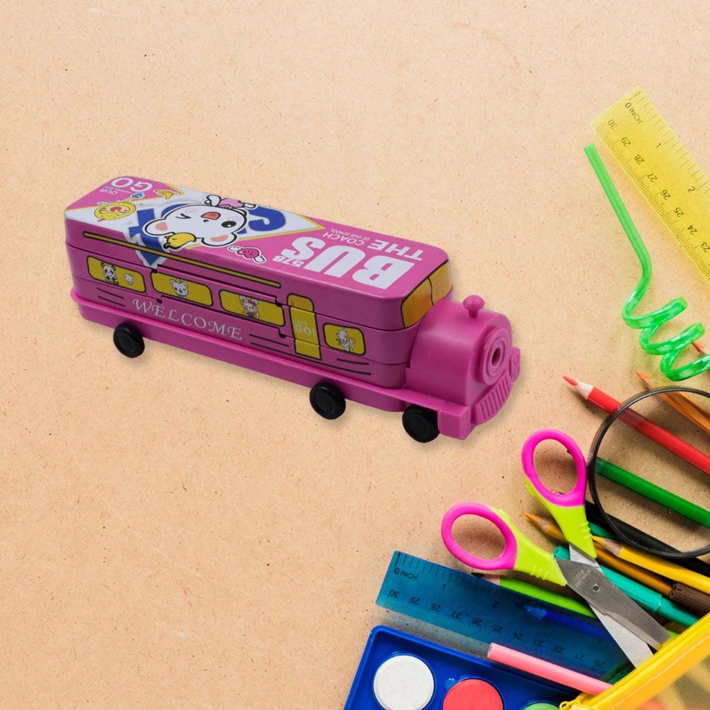 Double Decker Magic Bus Compass 2 Layer Metal Bus Compass Pencil Case With Movable Wheels Sharpener Bus Shape With Tiers Metal Pencil Box For Kids Birthday Party - LootFaat