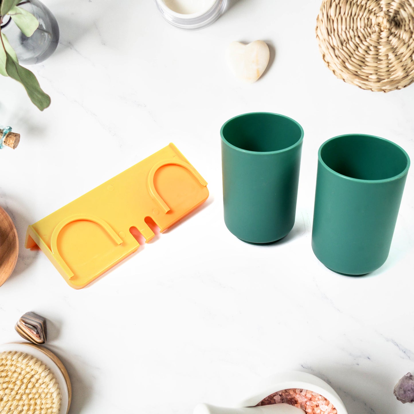 Multipurpose Wall Mount Toothbrush Holder Plastic Stand With 2 Cup (1 Set) - LootFaat