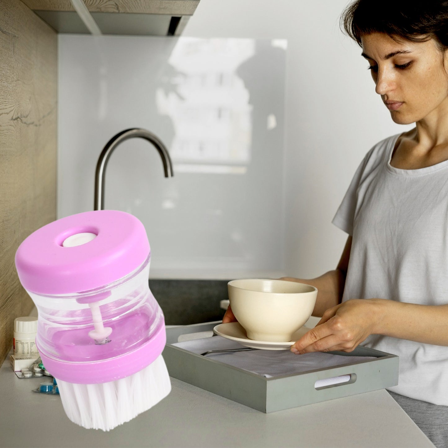 Plastic Wash Basin Brush Cleaner With Liquid Soap Dispenser (Multicolour) - LootFaat
