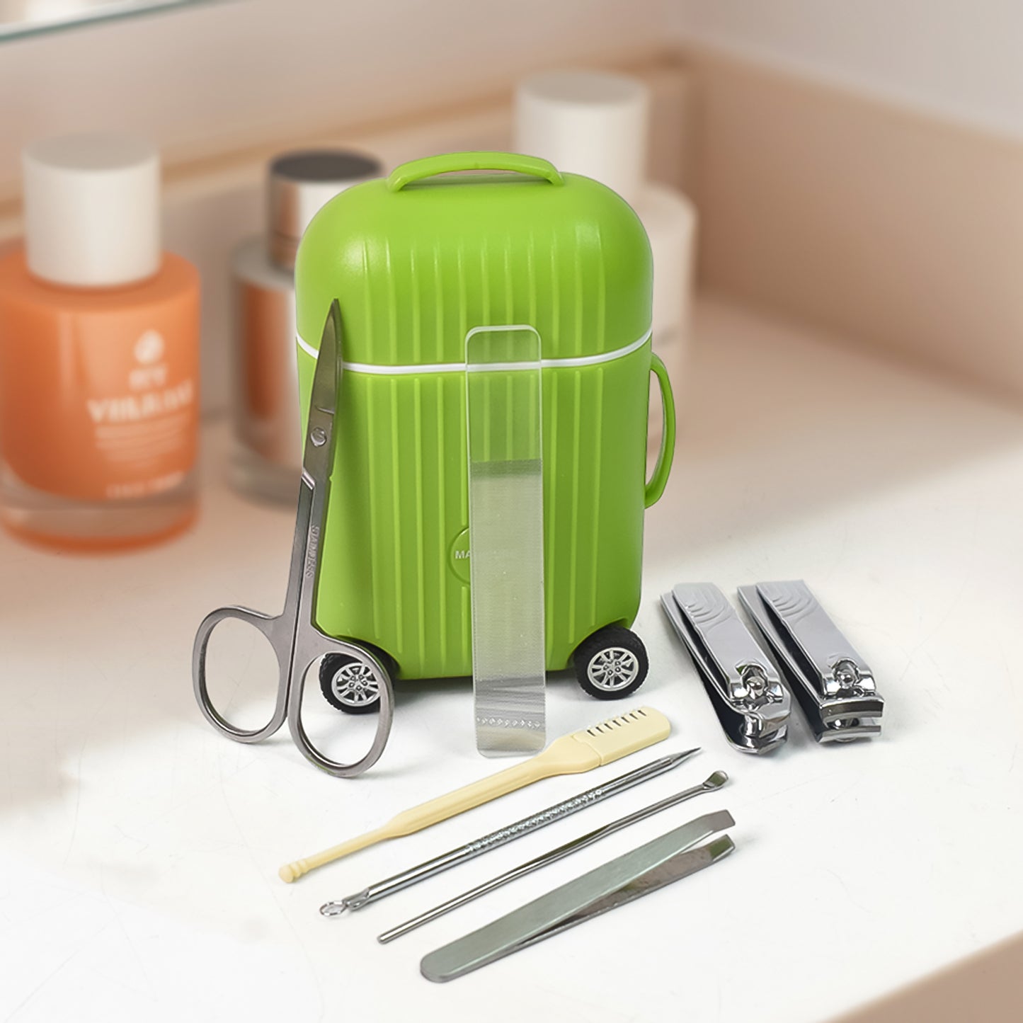 Manicure Kit Pedicure Tools For Feet Nail Clipper (8 Pcs Set With Mini 4 Wheel Suitcase Trolley) - LootFaat