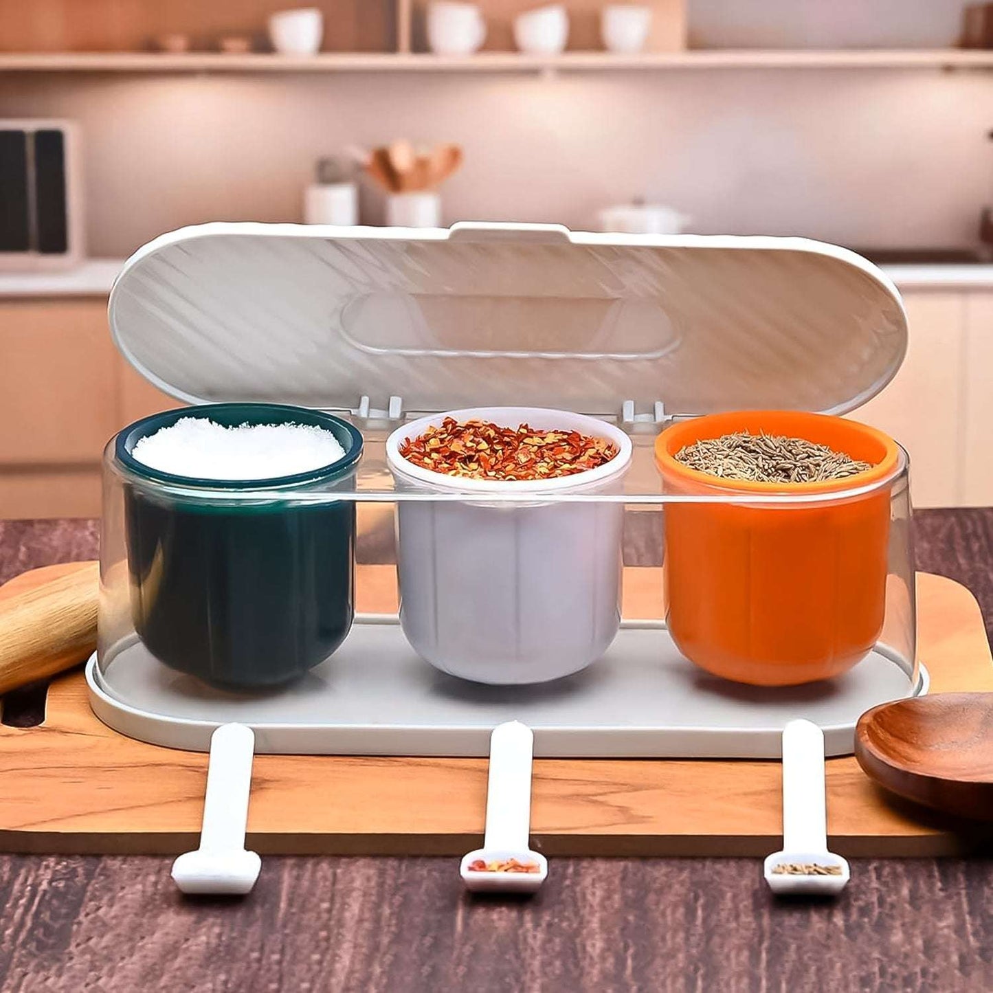 Home Kitchen 3 Grid Seasoning Spice Masala Box Kit With Spoon (Multicolor 1 Set) - LootFaat