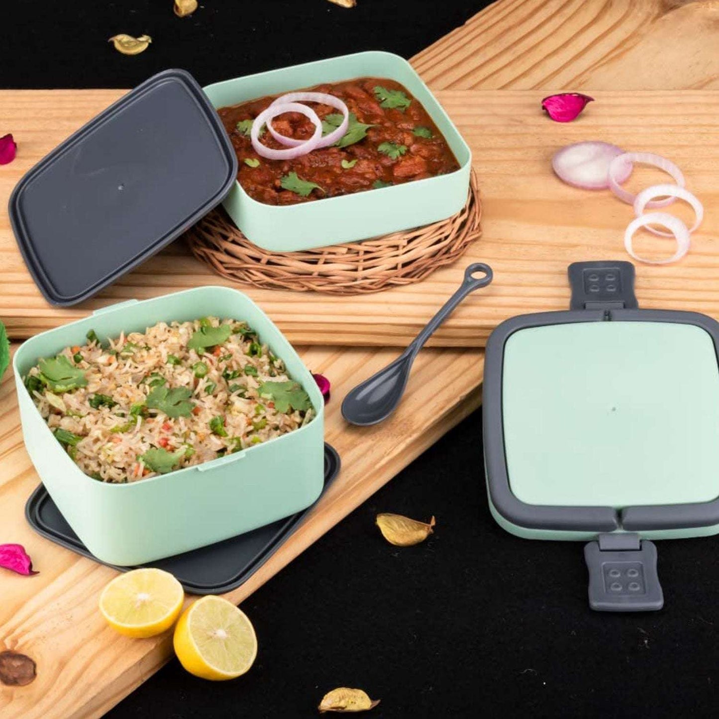 Green Double-layer Portable Lunch Box Stackable With Carrying Handle And Spoon Lunch Box - LootFaat