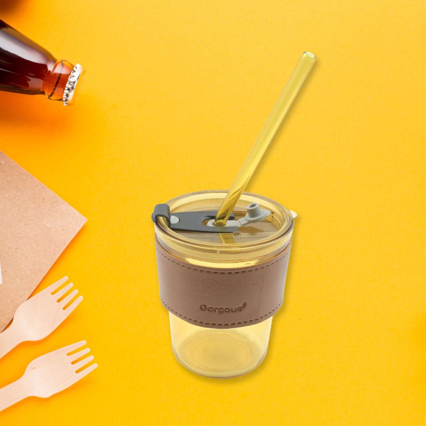 Home Glass Coffee Mugtea Cup With Glass Straw And Leakproof Lid Travel Friendly Cups With Heatproof Sleeves - LootFaat