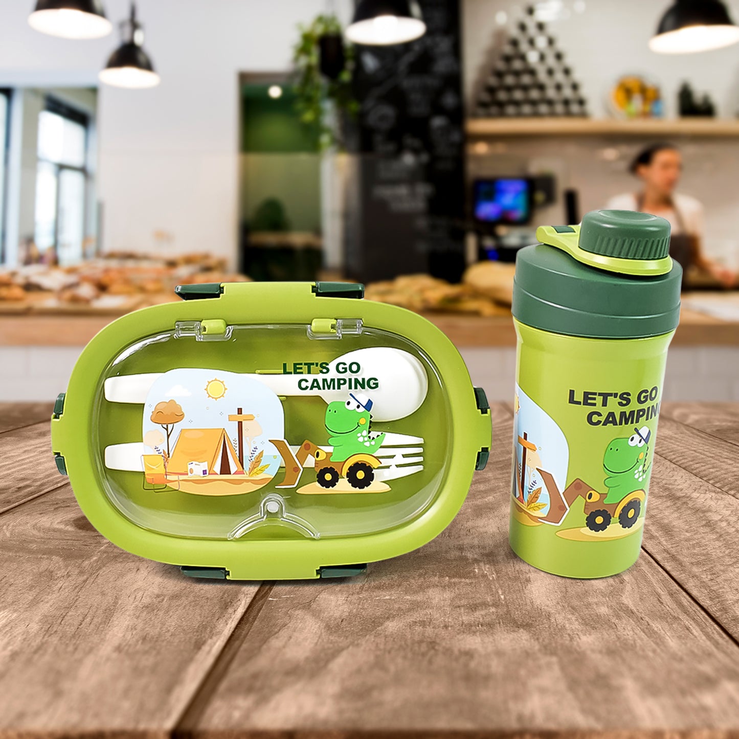 Plastic Lunch Box Leak Proof 3 Compartment With Bottle Spoon And Fork (1 Set) - LootFaat