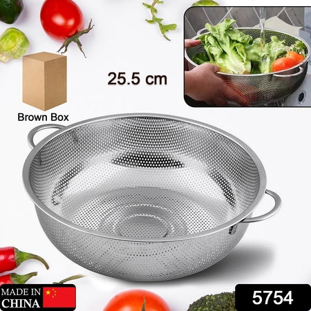 Stainless Steel Colander With Handle Large Metal Mesh Basket Strainer For Pasta Spaghetti Berry Veggies Fruits Kitchen Food Colander Dishwasher Safe (1 Pc 25.5 Cm) - LootFaat
