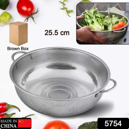 Stainless Steel Colander With Handle Large Metal Mesh Basket Strainer For Pasta Spaghetti Berry Veggies Fruits Kitchen Food Colander Dishwasher Safe (1 Pc 25.5 Cm) - LootFaat