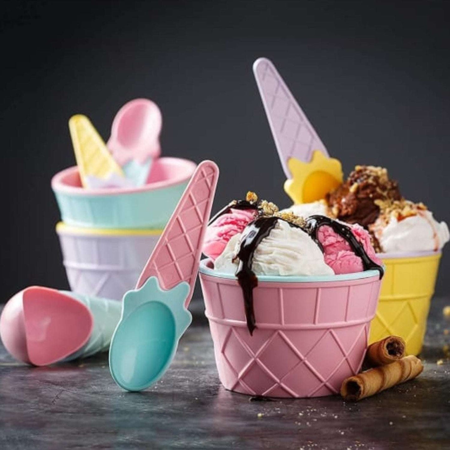 Ice-cream Waffle Spoon Bowel Cup Set Premium Ice Cream Set Ice-cream Bowel With Spoon 2pc Couple Bowl Set - LootFaat