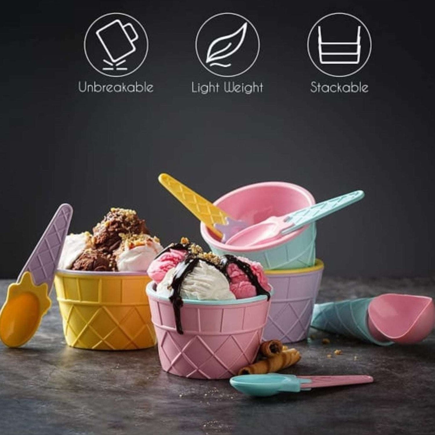 Ice-cream Waffle Spoon Bowel Cup Set Premium Ice Cream Set Ice-cream Bowel With Spoon 2pc Couple Bowl Set - LootFaat