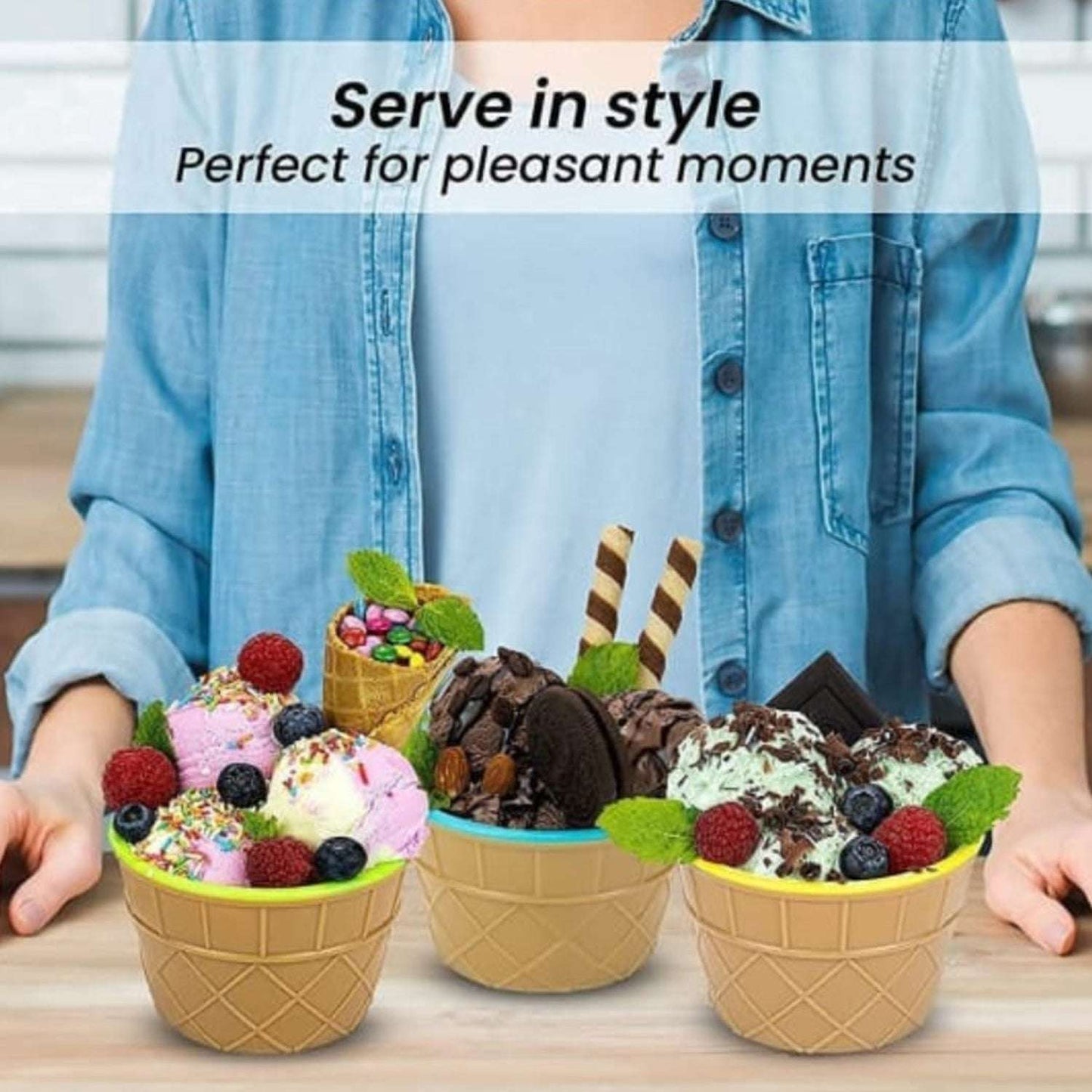 Ice-cream Waffle Spoon Bowel Cup Set Premium Ice Cream Set Ice-cream Bowel With Spoon 2pc Couple Bowl Set - LootFaat
