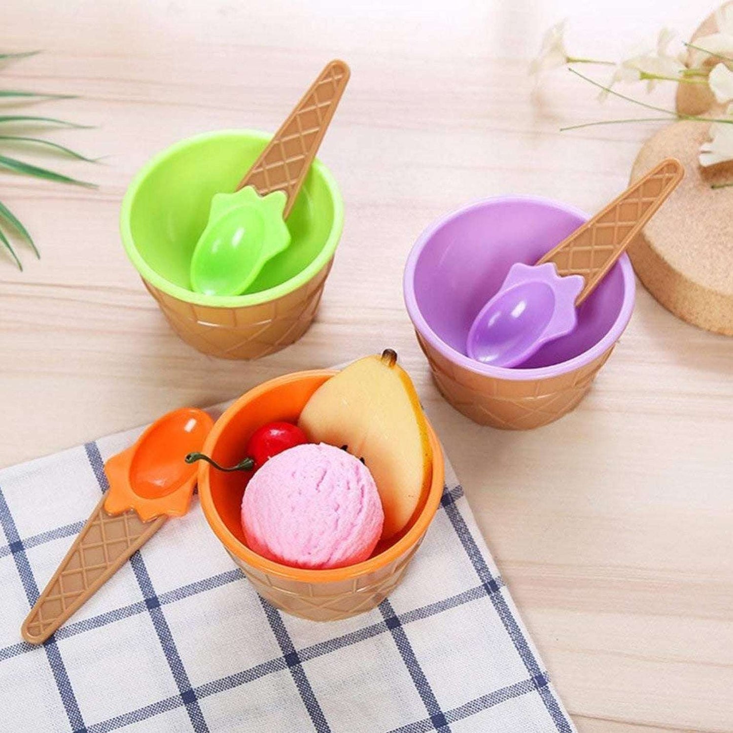Ice-cream Waffle Spoon Bowel Cup Set Premium Ice Cream Set Ice-cream Bowel With Spoon 2pc Couple Bowl Set - LootFaat