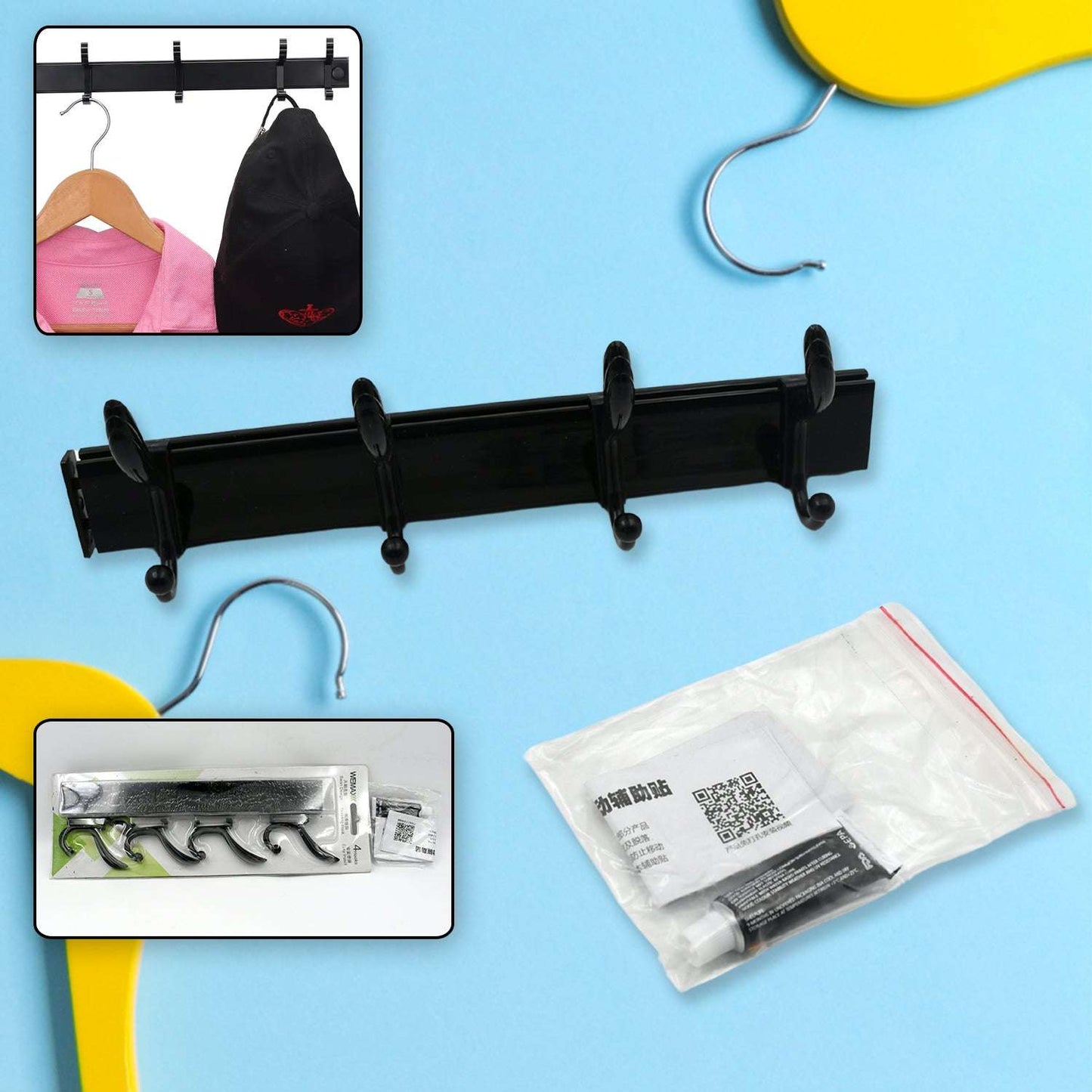 Cloth Hanger Wall Door Hooks Rail For Hanging Clothes For Hanging Hook Rack Rail Extra Long Coat Hanger Wall Mount For Clothes Jacket Hats 6 Hook With Eco-friendly Liquid Adhesive Glue - LootFaat