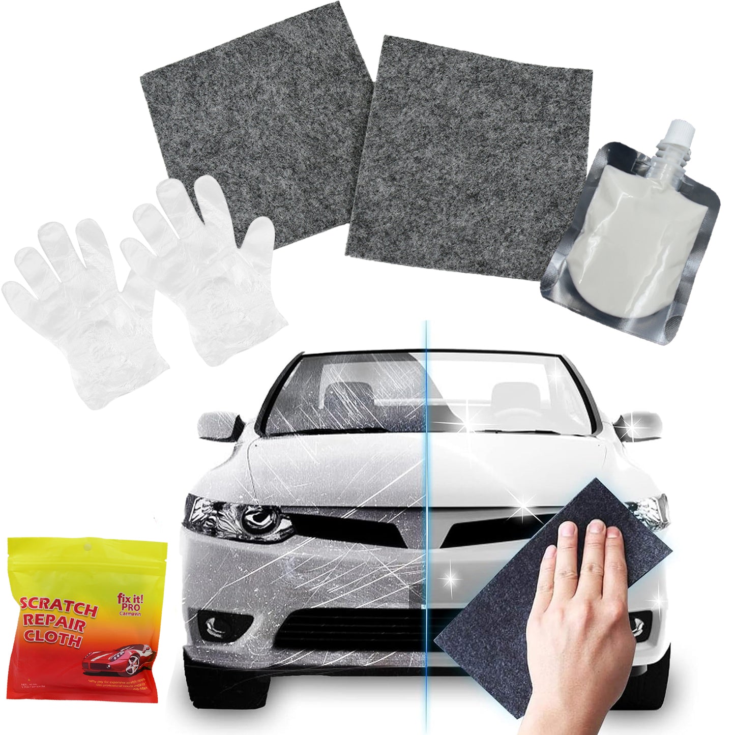Nano Magic Car Scratch Remover Cloth Multipurpose Scratch Repair Cloth Cloth For Car Paint Scratch Repair Easy To Repair Slight Scratches On The Surface Polishing Repeatable Use For All Kinds Of Car (45 Ml Repair Solution 2 Gloves 2 Nano Cloth) - LootFaat