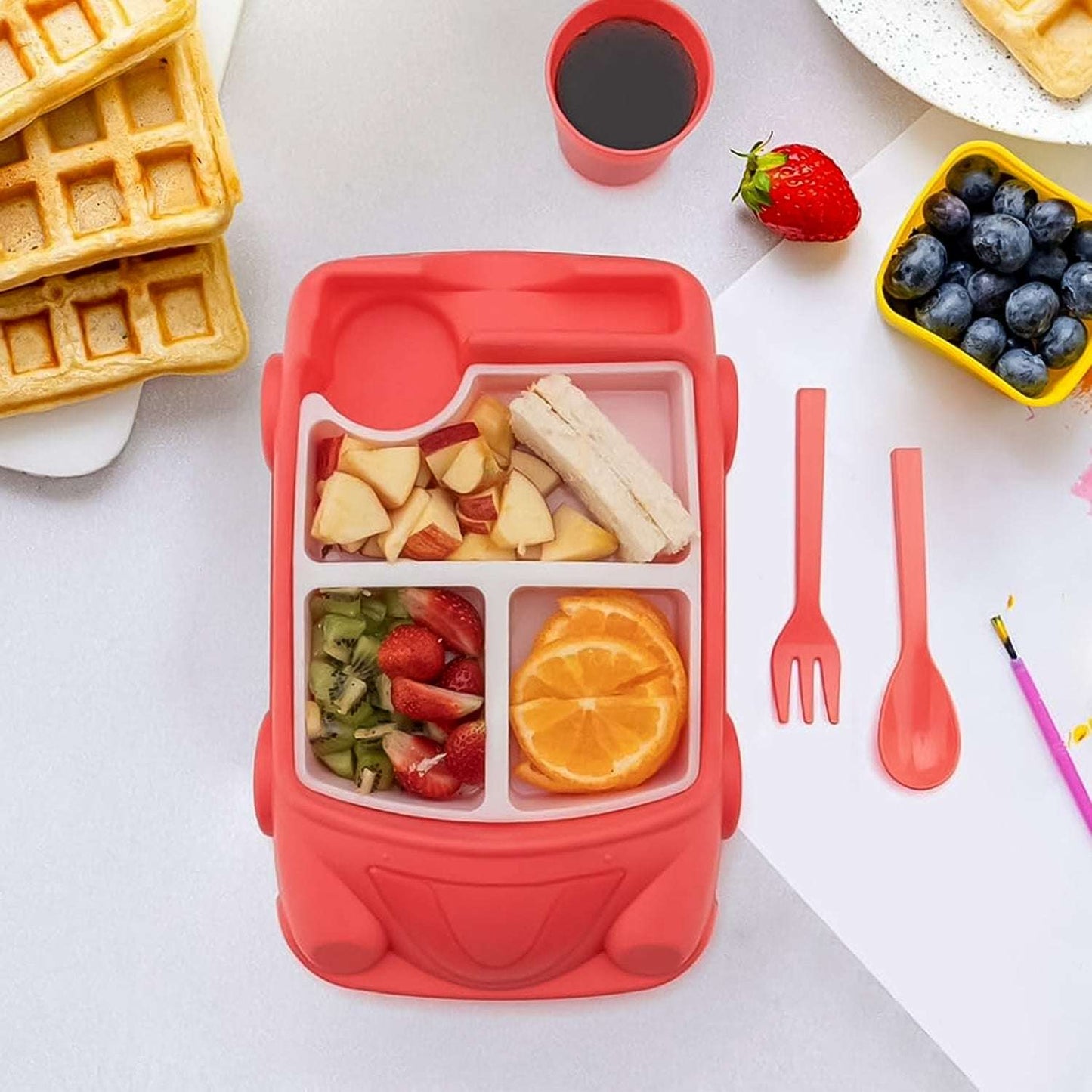 Kids Car Shaped Plates Cup Lunch Box Dinnerware Set (4 Pcs Set 1000 Ml Lunch Box) - LootFaat