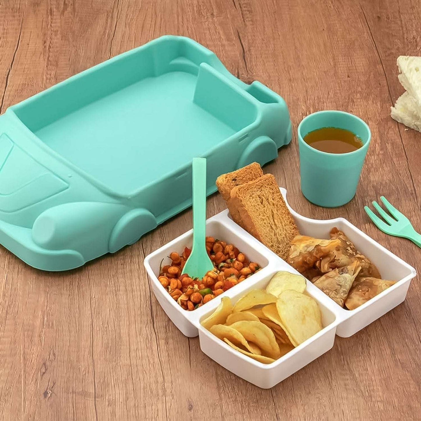 Kids Car Shaped Plates Cup Lunch Box Dinnerware Set (4 Pcs Set 1000 Ml Lunch Box) - LootFaat